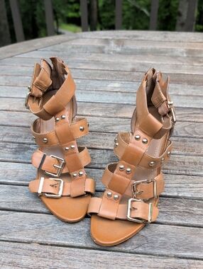 BCBGeneration Tan Strappy Studded Gladiator Heels